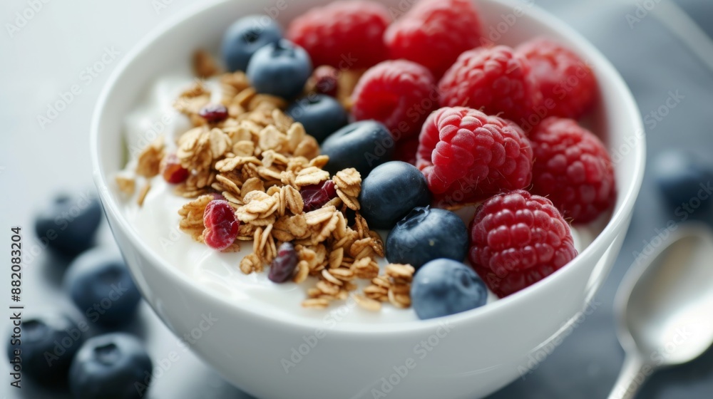 Breakfast bowl filled with granola, fresh raspberries, blueberries, and coconut yogurt Breakfast bowl filled with granola, fresh raspberries, blueberries, and coconut yogurt