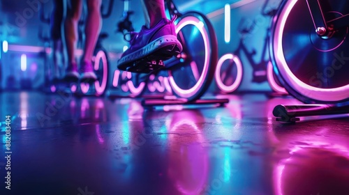 Dynamic shot of a spinning class, lights dimmed and neon accents, capturing the motion and energy of group fitness