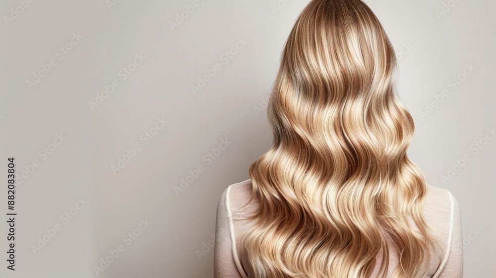Fototapeta premium Back view of a woman with long wavy blonde hair in a studio