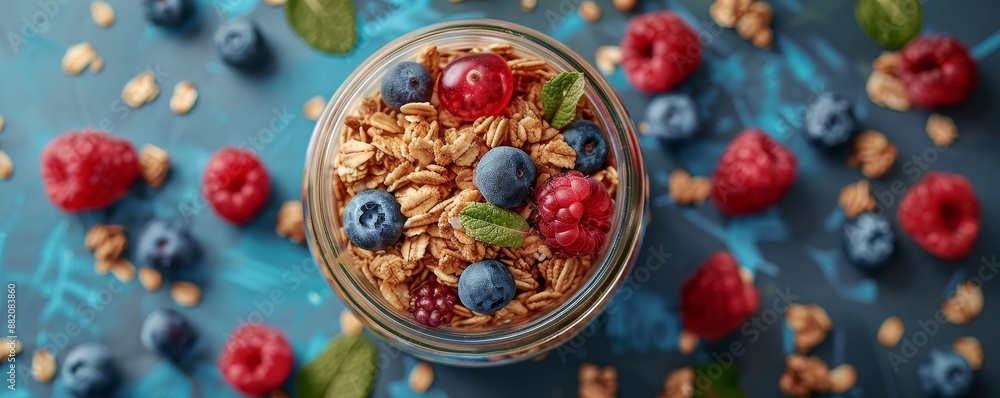 Fototapeta premium Organic granola in a reusable jar with fruits, Quick Breakfast, Zero-waste breakfast option