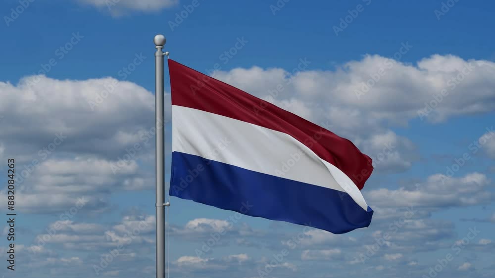 Netherlands flag waying in the wind against the running clouds on blue sky, close-up flag video Netherlands flag waying in the wind against the running clouds on blue sky, close-up flag video