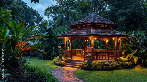 Beautiful gazebo surrounded by lush greenery and illuminated at dusk