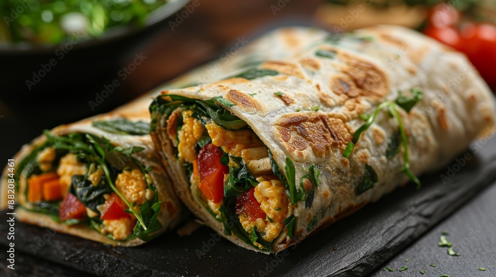 Veggie wrap with compostable packaging, Quick Breakfast, Environmentally conscious morning meal, Veggie wrap with compostable packaging, Quick Breakfast, Environmentally conscious morning meal,