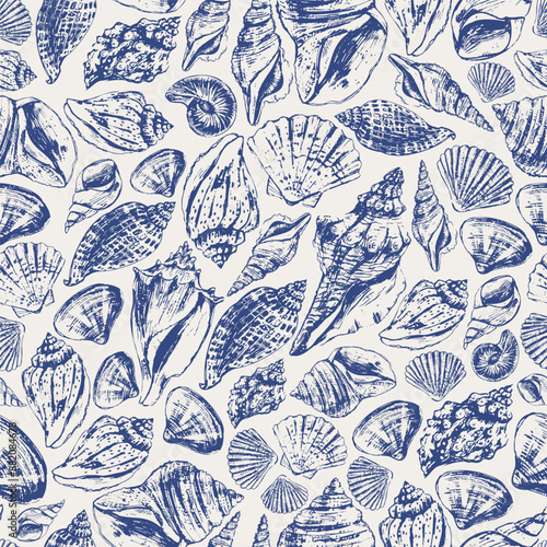 Vector sea animals seamless pattern. Sea shells background.