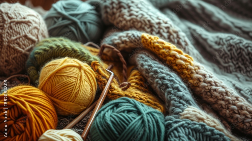 Cozy knitting scene with various balls of colorful yarn and a partially knitted fabric piece Cozy knitting scene with various balls of colorful yarn and a partially knitted fabric piece