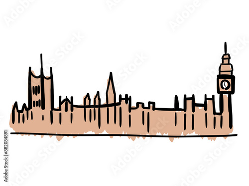 London Palace of Westminster and Big Ben - hand drawn symbol logo design.  photo