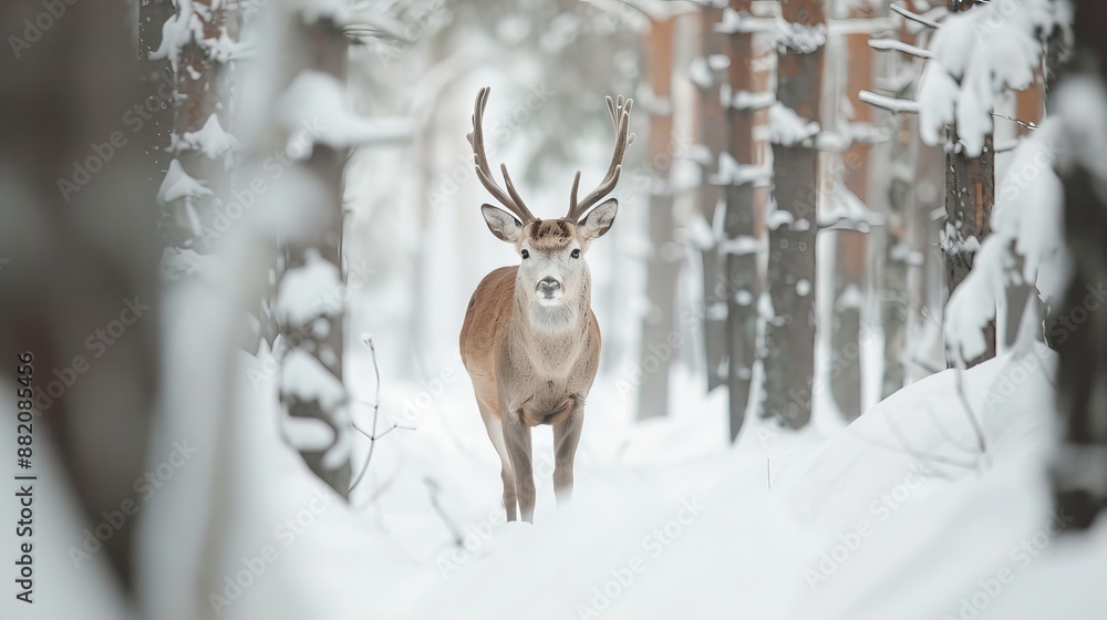Deer navigating through a snowy forest, illustrating winter adaptation and the challenges of survival in the cold, natural wildlife behavior Deer navigating through a snowy forest, illustrating winter adaptation and the challenges of survival in the cold, natural wildlife behavior