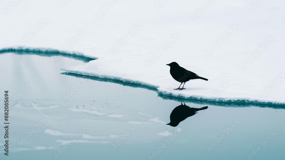 Bird standing on a thick ice sheet, its reflection visible in the frozen surface, embodying the spirit of persistence and survival Bird standing on a thick ice sheet, its reflection visible in the frozen surface, embodying the spirit of persistence and survival