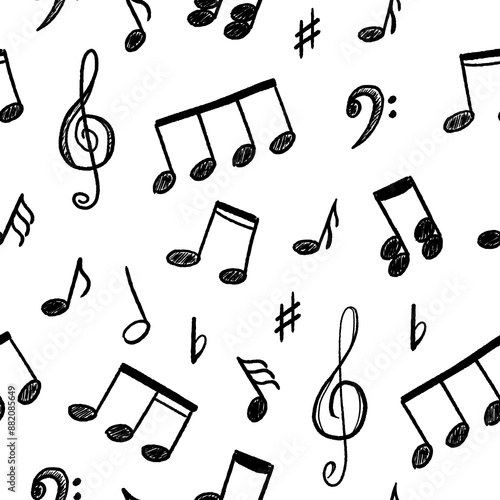 Fotografie Music notes seamless background. Musical notation doodle texture.