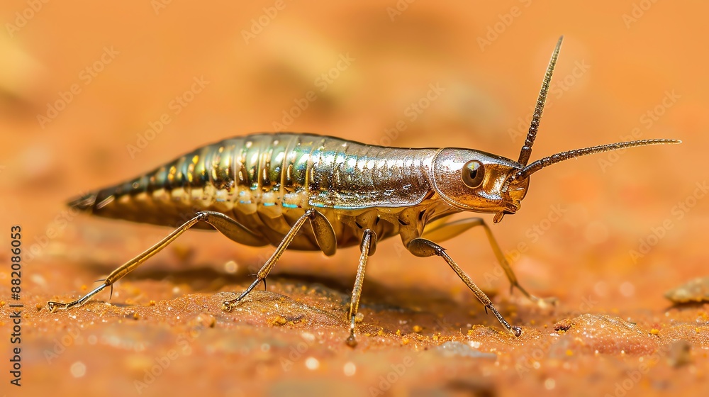 Close-up of a metallic-colored insect with long antennae, walking on red soil. Close-up of a metallic-colored insect with long antennae, walking on red soil.