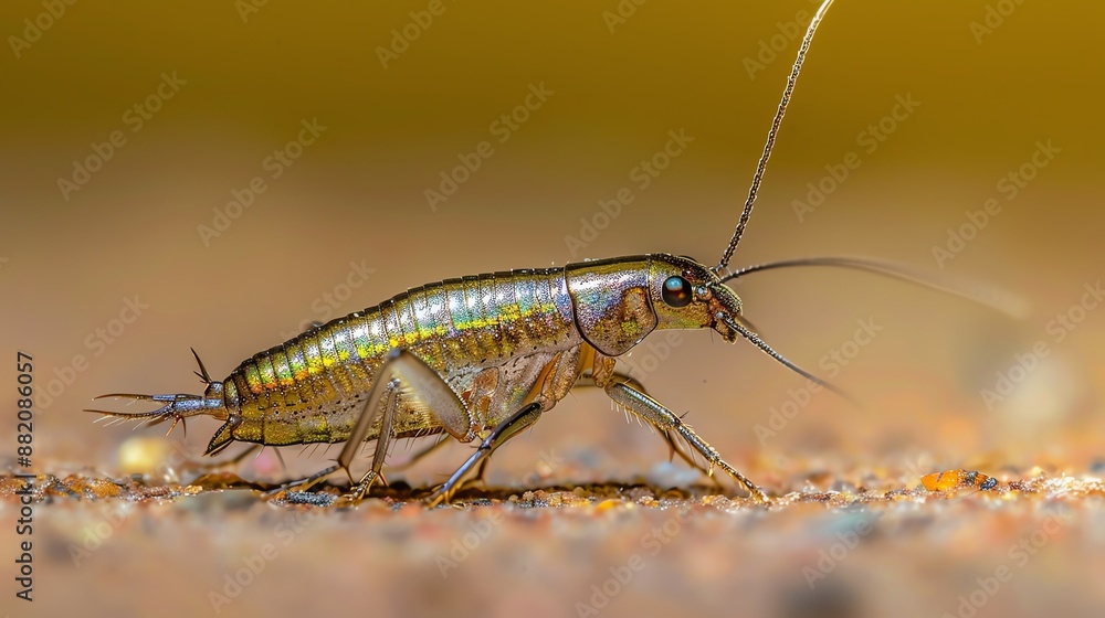 Close-up of a small, shiny cricket on a sandy surface. Close-up of a small, shiny cricket on a sandy surface.