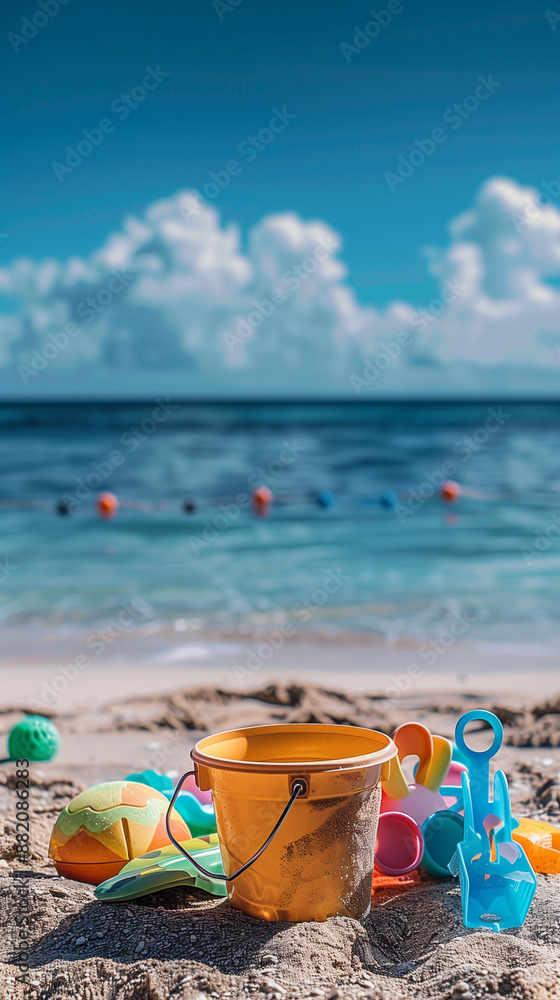 Bucket, shovel, and other plastic toys laying on a sandy beach with the ocean and blue sky in the background Bucket, shovel, and other plastic toys laying on a sandy beach with the ocean and blue sky in the background