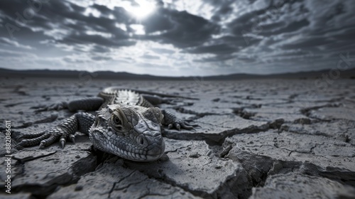 Cold-blooded reptilian creatures in a desolate landscape, their expressions numb and predatory, evoking a sense of ancient menace and mystery photo