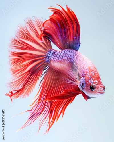 Vibrant red and pink Siamese fighting fish with flowing fins against a blue background. photo