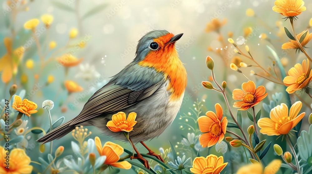 Illustration of a robin in a blooming garden with ample copy space, vibrant colors, and professional design. Illustration of a robin in a blooming garden with ample copy space, vibrant colors, and professional design.