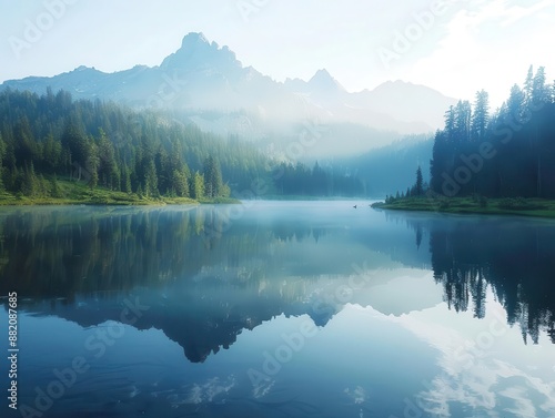 mountain lake, early morning, fresh start, journey, renewal