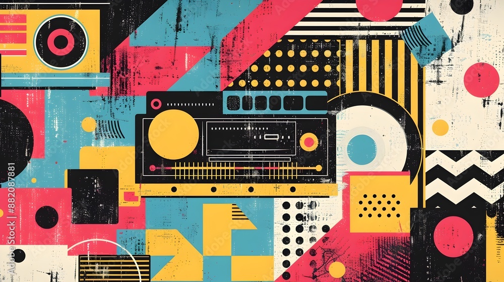 Vibrant Geometric Abstract Collage with Retro Pop Art Elements and Playful Digital Patterns Vibrant Geometric Abstract Collage with Retro Pop Art Elements and Playful Digital Patterns