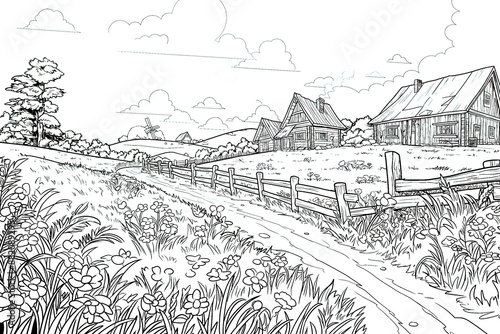 An enchanting countryside scene coloring page. This farm landscape captures the beauty of rural life with lush fields and peaceful surroundings © elinorka