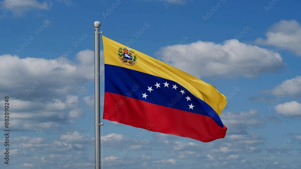 Venezuela flag waying in the wind against the running clouds on blue sky, close-up flag video Venezuela flag waying in the wind against the running clouds on blue sky, close-up flag video