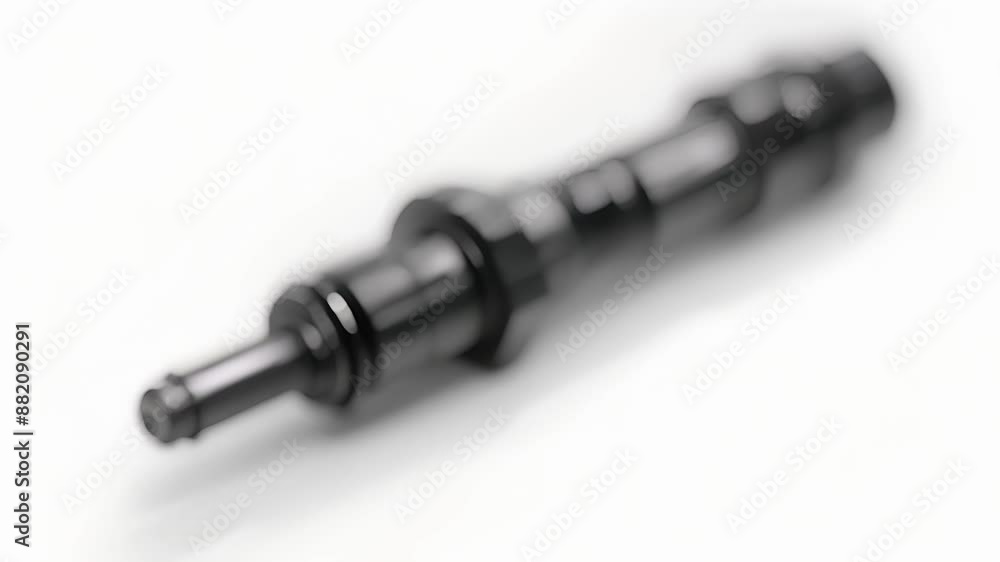 An angled shot of a fuel injector showcasing the sleek and modern design with a glossy black finish. An angled shot of a fuel injector showcasing the sleek and modern design with a glossy black finish.