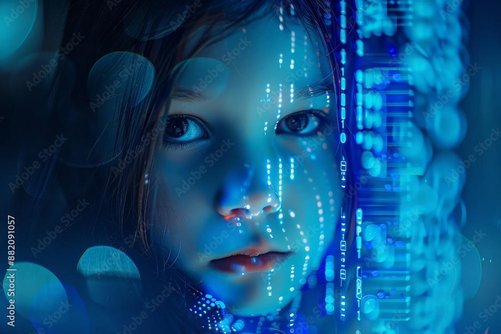 New technologies, a child uses a futuristic processor for augmented reality. Communication and technology concept. Television New technologies, a child uses a futuristic processor for augmented reality. Communication and technology concept. Television