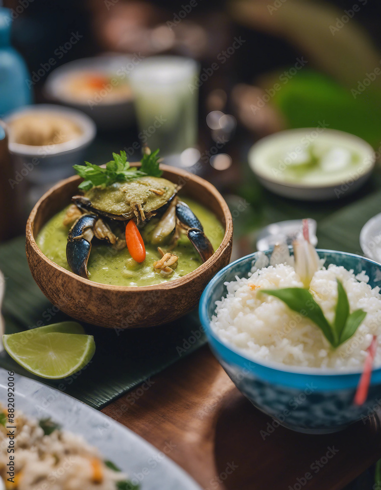 Green curry with blue swimmer crab and jasmine rice in a coconut shell bowl with a cocktail in a stylish Thai restaurant
Green curry with blue swimmer crab and jasmine rice in a coconut shell bowl with a cocktail in a stylish Thai restaurant