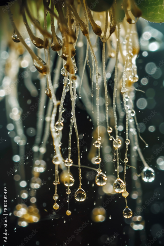 Detailed view of aeroponic roots with water drops, illustrating water conservation in agriculture Detailed view of aeroponic roots with water drops, illustrating water conservation in agriculture