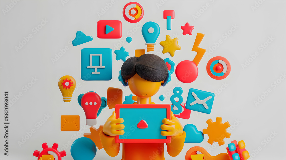3D Flat Icon Person with Tablet Retargeting Icons Overlay for Retargeting Strategies, Marketing Concept with Copy Space on White Background 3D Flat Icon Person with Tablet Retargeting Icons Overlay for Retargeting Strategies, Marketing Concept with Copy Space on White Background