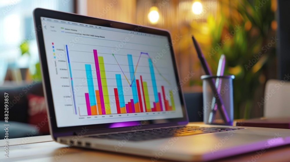A laptop screen showing a colorful bar chart representing quarterly sales figures and financial performance metrics. A laptop screen showing a colorful bar chart representing quarterly sales figures and financial performance metrics.