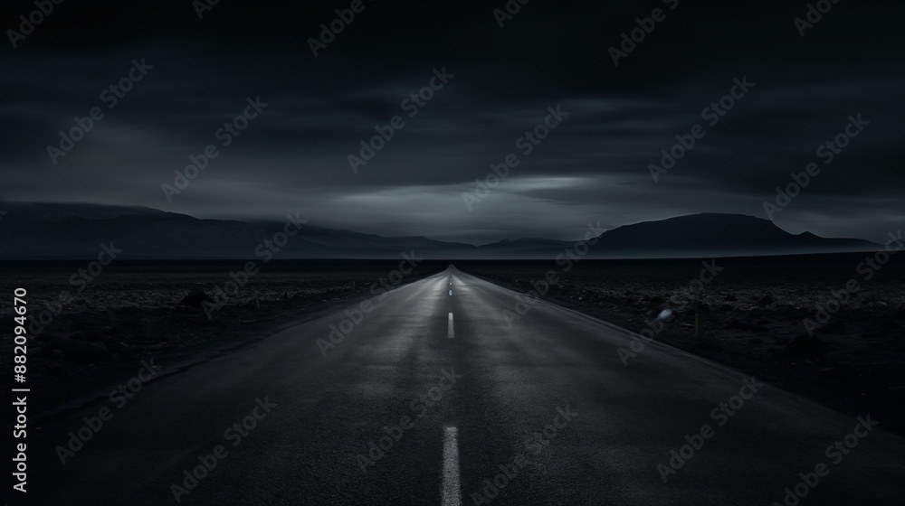 Naklejka premium Lonely, Dark Road Through a Stormy Night Landscape