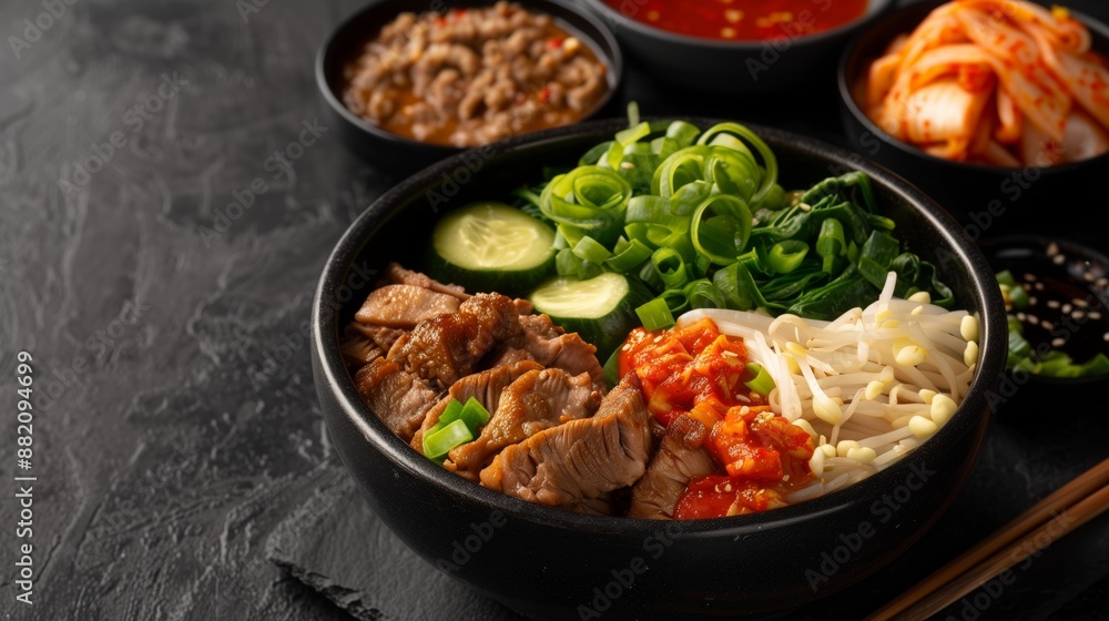A close-up of a Korean bibimbap bowl with grilled meat, vegetables, and kimchi A close-up of a Korean bibimbap bowl with grilled meat, vegetables, and kimchi