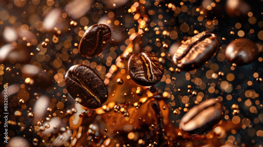 A shot of coffee beans suspended in mid-air, appearing to fly or float A shot of coffee beans suspended in mid-air, appearing to fly or float
