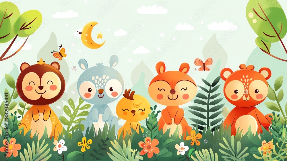 Template background for World Animal Day with various animals and nature, ample copy space Template background for World Animal Day with various animals and nature, ample copy space