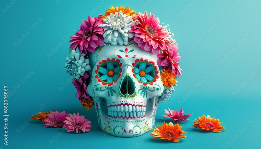 White Skull Decorated with Flowers for Day of the Dead in Mexico, Blue Background White Skull Decorated with Flowers for Day of the Dead in Mexico, Blue Background