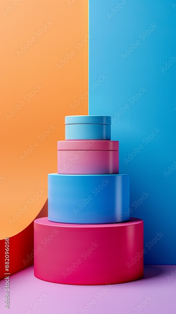 A stack of four boxes in different colors, with a blue box on top A stack of four boxes in different colors, with a blue box on top