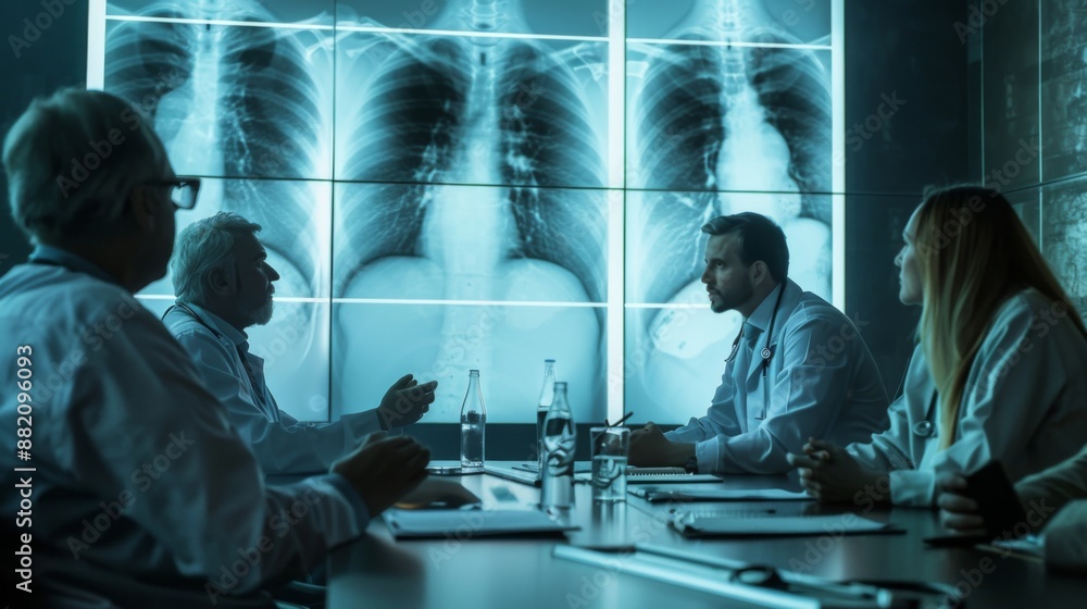 A medical team discussing X-ray results in a conference room, with images projected on a screen. A medical team discussing X-ray results in a conference room, with images projected on a screen.