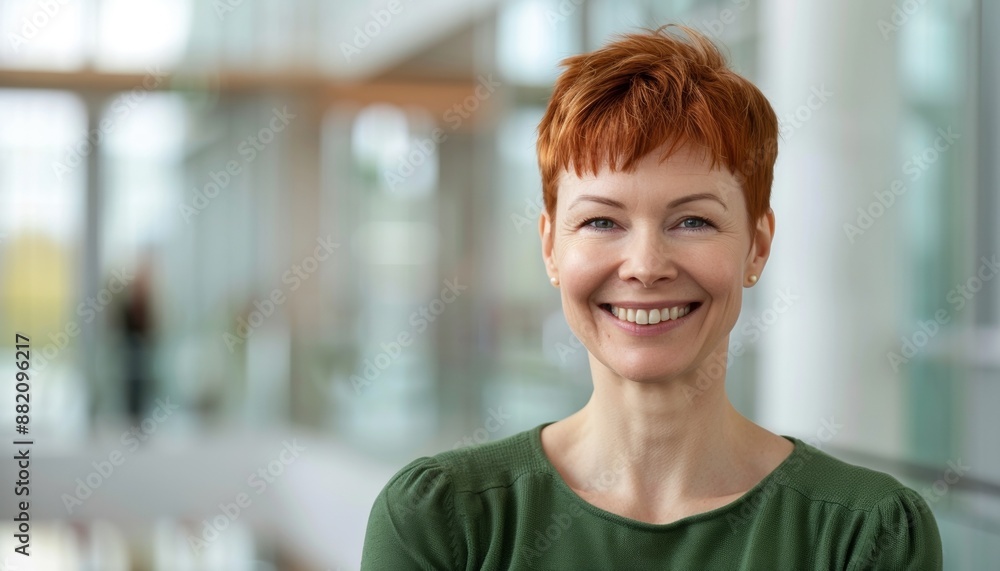 Portrait of a Smiling Woman with Short Red Hair Wearing a Green Top, Indoors, Blurred Background Portrait of a Smiling Woman with Short Red Hair Wearing a Green Top, Indoors, Blurred Background