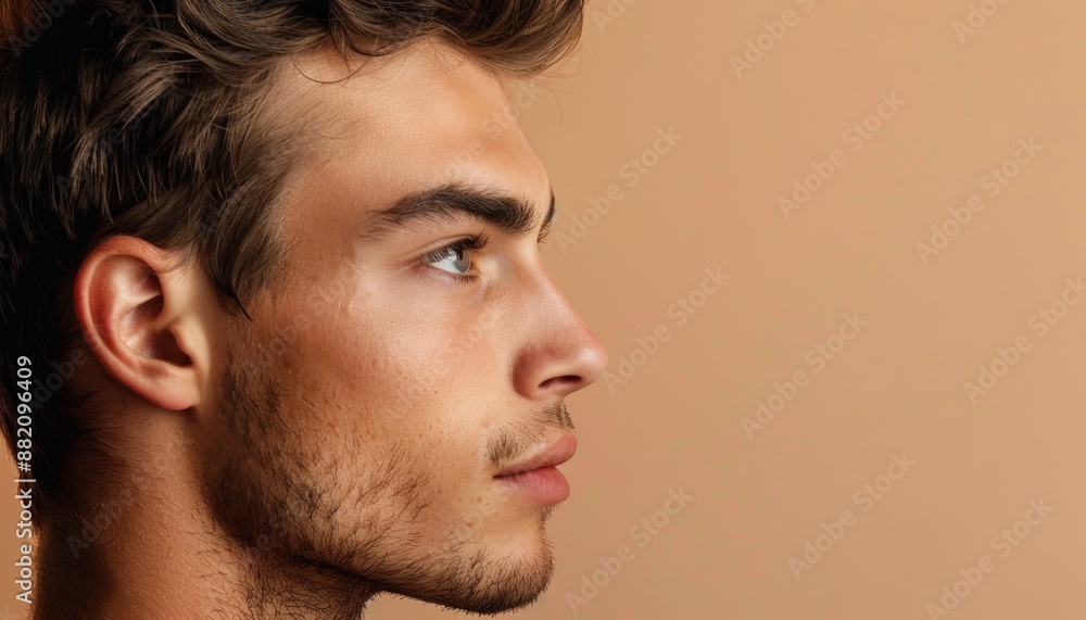 Obraz premium Side Profile of Young Man on Warm Beige Background, Copy Space, Banner