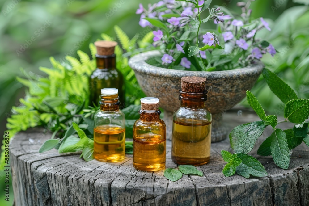 An assortment of pure organic and natural aroma oils with mint and camomile against a wooden background. Ayurvedic medicine, therapy, alternative medicine. An assortment of pure organic and natural aroma oils with mint and camomile against a wooden background. Ayurvedic medicine, therapy, alternative medicine.