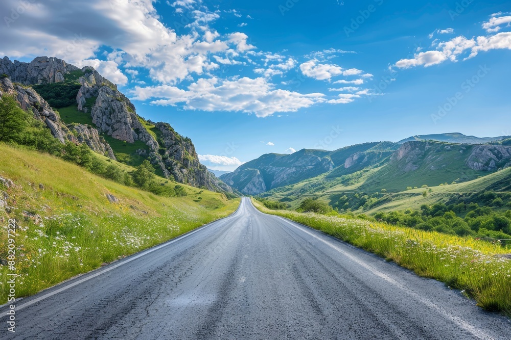 Highway and green meadows with mountains under a blue sky Highway and green meadows with mountains under a blue sky