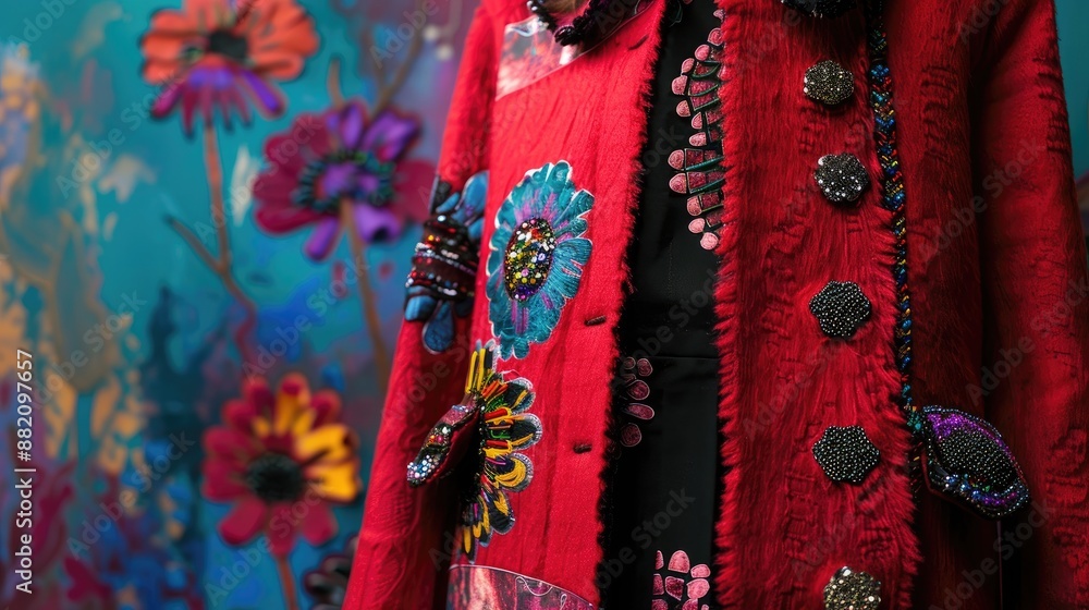 Fototapeta premium Contemporary women s coat with chic embellishments against colorful backdrop