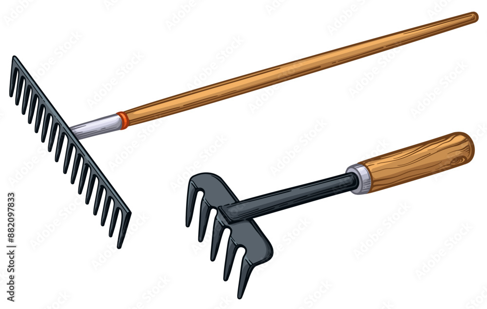 Garden rake, metal rake with wooden hand. Vector illustration of a rake isolated on a white background. Garden rake, metal rake with wooden hand. Vector illustration of a rake isolated on a white background.