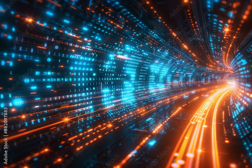 A 3D rendering of an abstract highway path through a city of digital binary towers. A 3D rendering of an abstract highway path through a city of digital binary towers.