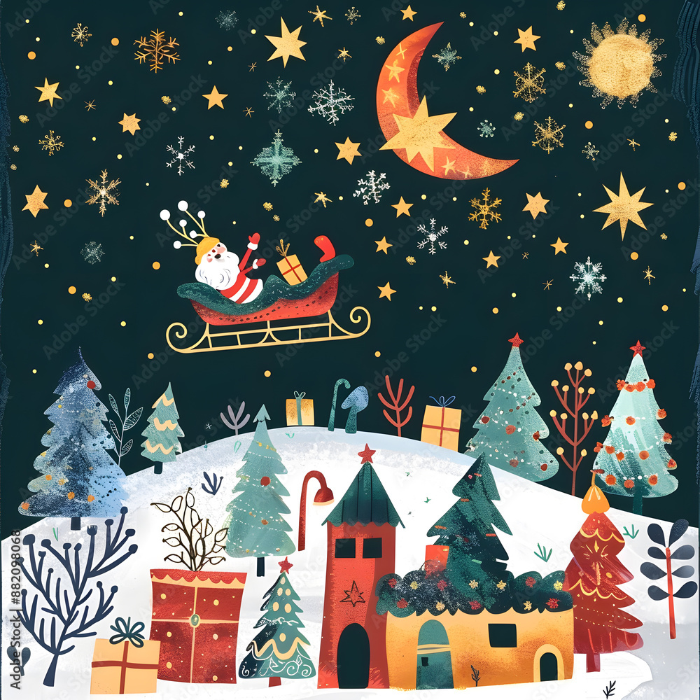 Fototapeta premium 2D illustrated New Year card in a cute graphic style