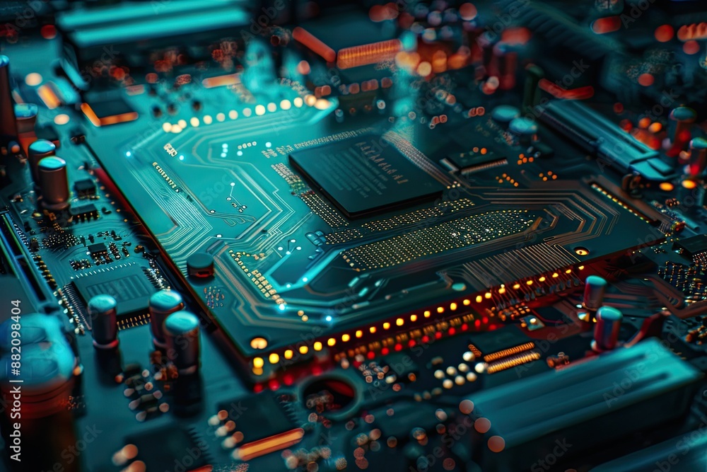 Fototapeta premium Close-up view of a computer motherboard with illuminated circuits, emphasizing intricate electronic components and modern technology.
