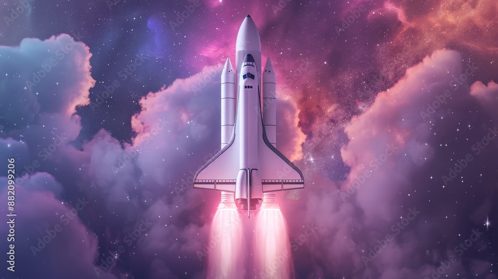 Fototapeta premium Futuristic shuttle design, sleek and innovative, soaring through the cosmos with vibrant nebulae in the background, showcasing advanced space travel