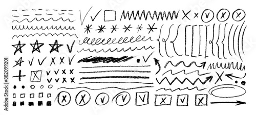 Collection of crayon drawn underlines, brackets, dots and check marks for to do list and notes. Hand drawn pencil doodle stars, check marks, various lines for diagrams. Underline and emphasis elements