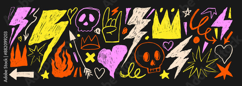 Colorful doodle grunge rock and punk icon set. Hand drawn crayon lightnings, sculls, crown, hearts, arrow and squiggles. Punk doodle icons for stickers, collages. Pencil and charcoal scribbles.