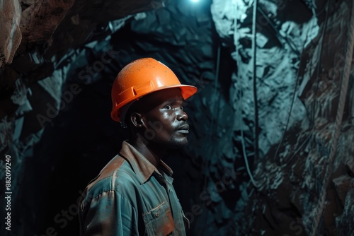 Coal Mining Worker in African Mine Tunnel