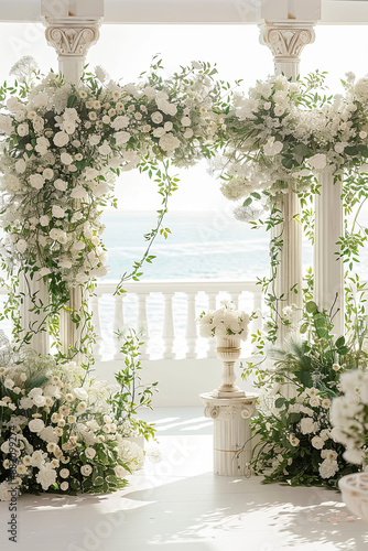 beautifull mediteranian white wedding flower backdrop for photography studio